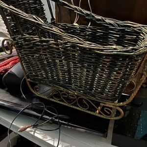 Woven Decorative Basket with Gold Metal Frame - Green and Brown sleigh